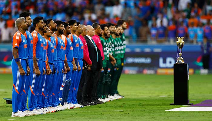 Pakistani and Indian players line up for their countrys national anthems at their Asia Cup 2025 match in UAE, Dubai on September 14, 2025. — Reuters
