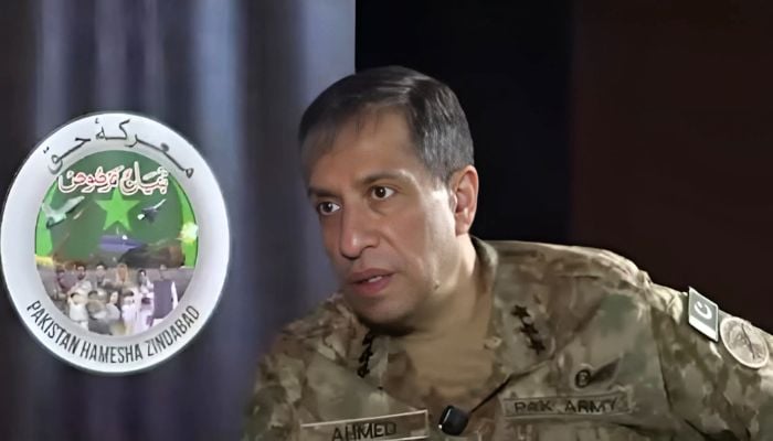 ISPR DG Lieutenant General Ahmed Sharif Chaudhry speaks during an interview with a German magazine. — Screengrab via Geo News
