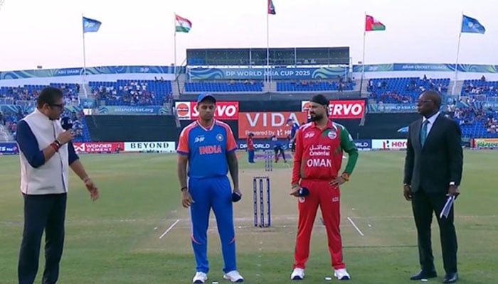 India captain Suryakumar Yadav (second from left) and Omans Jatinder Singh (second from right) at the toss for their ACC Mens T20 Asia Cup 2025 match at the Zayed Cricket Stadium in Abu Dhabi on September 19, 2025. — Geo Super
