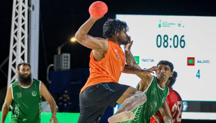 Pakistan players in action during their Commonwealth Beach Handball Championship 2025 match against Maldives in Kulhudhuffushi City, Maldives, on September 19, 2025. — Reporter
