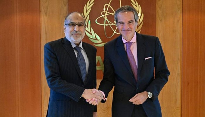IAEA Director General Rafael Mariano Grossi meets Pakistan Atomic Energy Commission (PAEC) Chairman Dr Raja Ali Raza Anwar on sidelines of IAEA General Conference in Vienna, September 21, 2025. — APP