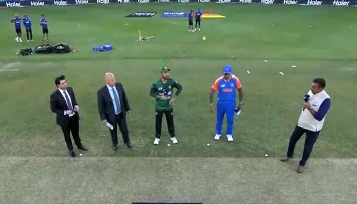 Pakistan captain Salman Ali Agha (left) and India skipper Suryakumar Yadav during toss ceremony for Asia Cup 2025 Super 4 at Dubai International Stadium, Dubai, United Arab Emirates, September 21, 2025. — Screengrab