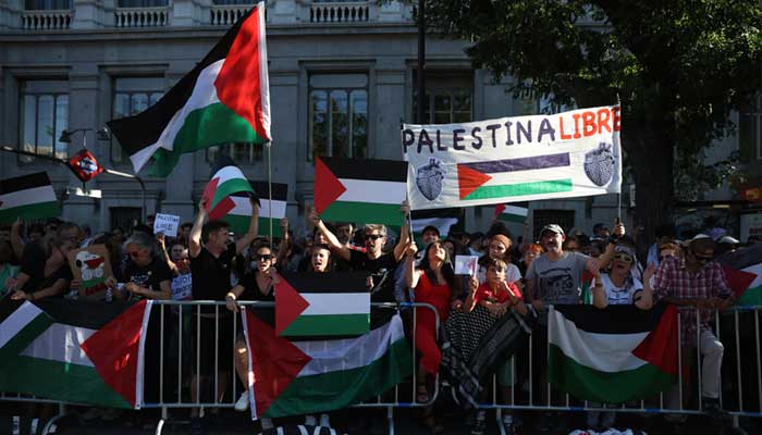 Pro Palestine protesters with flags and banners during a demonstration in Madrid, Spain, September 14, 2025. –Reuters