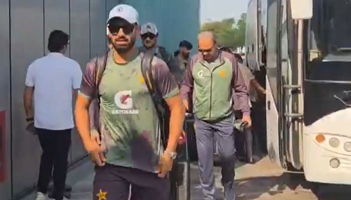 Pakistans Haris Rauf (left) and teammates reach local hotel in Abu Dhabi on September 22, 2025. — PCB