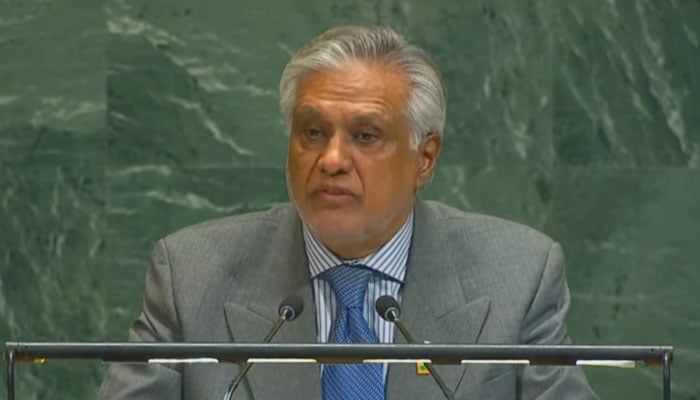 Deputy Prime Minister and Foreign Minister Ishaq Dar addresses the UN General Assembly in New York on the 30th anniversary of the Fourth World Conference on Women on September 22, 2025. — YouTube/Geo News/screengrab