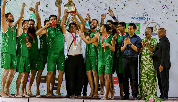 Pakistani players are seen celebrating their  inaugural Commonwealth Beach Handball Championship 2025 title on September 22, 2025. — Reporter