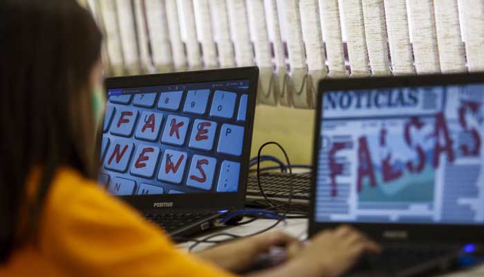 A representational image showing a person using a laptop with fake news on screen. — AFP/File