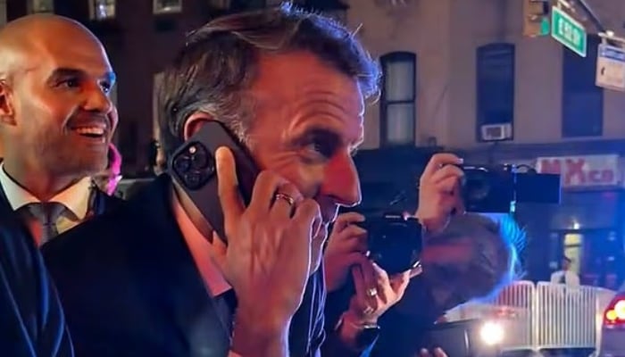 French President Emmanuel Macron seen talking to US President Donald Trump over the phone in New York, US on September 22, 2025 — Screengrabs/X