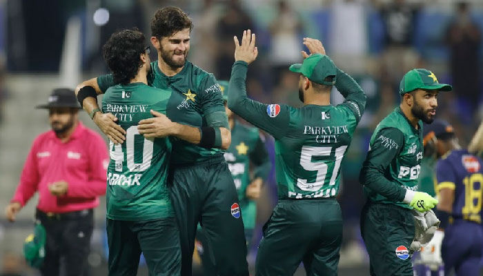 Pakistans Shaheen Shah Afridi (second from left) celebrates a wicket with teammates during the Asia Cup 2025s Super Fours match against Sri Lanka at Sheikh Zayed Stadium, Abu Dhabi, on September 23, 2025. — ACC