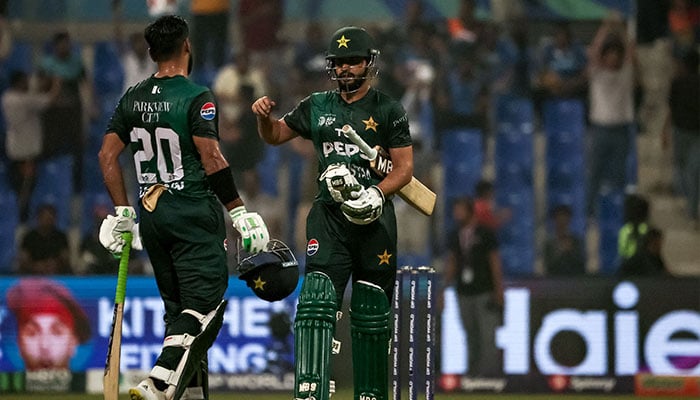 Pakistans Hussain Talat (L) and Hasan Nawaz celebrate their teams win at the end of the Asia Cup 2025 Super Fours match between Pakistan and Sri Lanka at the Sheikh Zayed Cricket Stadium in Abu Dhabi on September 23, 2025. — AFP