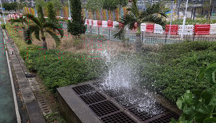 Seawater gushes from a drainage outlet as storm surge from Super Typhoon Ragasa causes backflow flooding, in Hong Kong, China, September 23, 2025. — Reuters