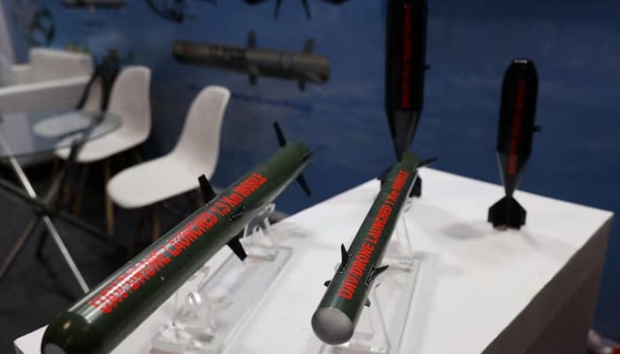 A view shows model missiles used in drones developed by Bharat Dynamics Limited, kept on display at their stall at the drone exhibition at Bharat Drone Shakti 2023 organised by the Indian Air Force(IAF) and Drone Federation of India(DFI) at the Hindon Airbase in Ghaziabad, India, September 25, 2023 — Reuters