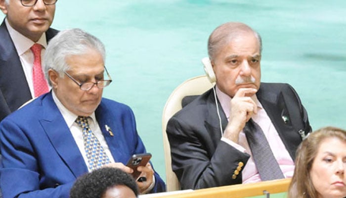Prime Minister Shehbaz Sharif (right) and Deputy Prime Minister and Foreign Minister Senator Ishaq Dar attend 80th United Nations General Assembly (UNGA) Session in New York on September 23, 2025. — APP