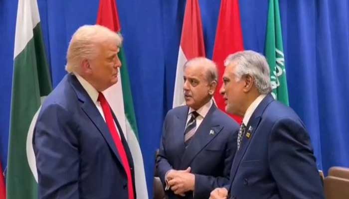 PM Shehbaz Sharif and DPM Ishaq Dar interact with US President Donald Trump in a multilateral meeting on UNGA sidelines on September 24, 2025. — X@ForeignOfficePk