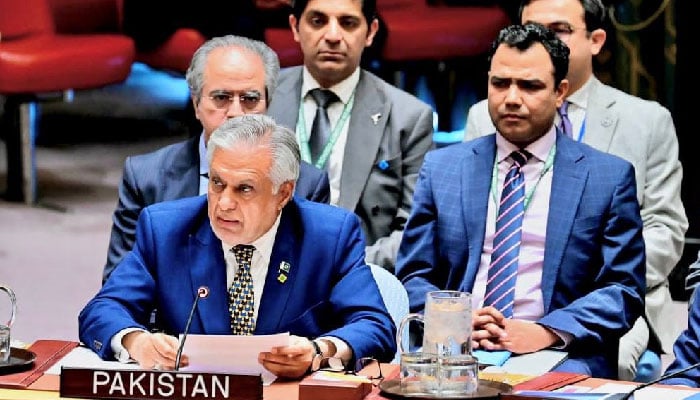DPM Ishaq Dar addresses UNSC high-level meeting on Middle East situation on September 23. — X/@ForeignOfficePk