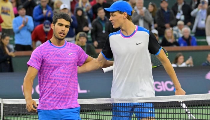 Carlos Alcaraz is congratulated by Jannik Sinner after winning their semi-final match in the BNP Paribas Open at the Indian Wells Tennis Garden, Indian Wells, California, US, March 16, 2024. — Reuters