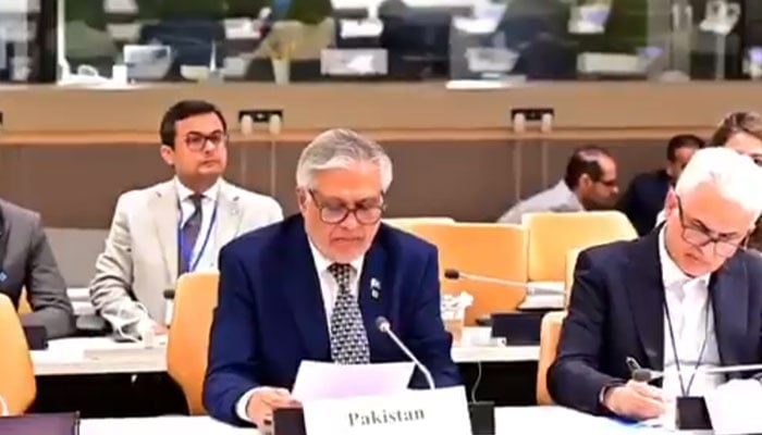 Deputy Prime Minister and Foreign Minister Senator Ishaq Dar addresses Inaugural Meeting of the OIC Contact Group on Afghanistan in New York, US, September 24, 2025. — X/@ForeignOfficePk