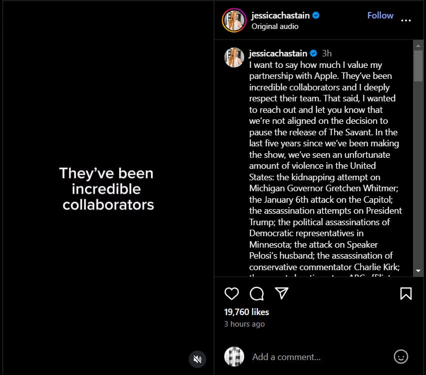 Jessica Chastain speaks out about delaying The Savant