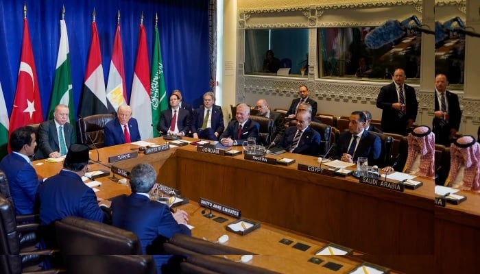 US President Donald Trump speaks during a multilateral meeting with Turkeys President Tayyip Erdogan, Jordans King Abdullah, Pakistans Prime Minister Shehbaz Sharif, Egypts Prime Minister Mostafa Madbouly, Saudi Arabias Foreign Minister Faisal bin Farhan Al-Saud, Qatars Emir Sheikh Tamim bin Hamad Al Thani, Indonesias President Prabowo Subianto and United Arab Emirates DPM and Minister of Foreign Affairs Abdullah bin Zayed Al Nahyan, during the 80th United Nations General Assembly, in New York, US on September 23, 2025.— Reuters