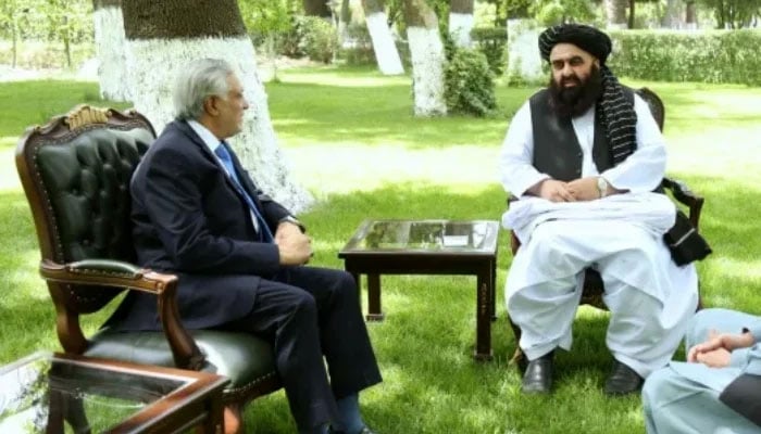 Deputy Prime Minister Ishaq Dar (left) in a meeting with Amir Khan Muttaqi, the Afghan interim foreign minister, during a visit to Kabul on April 19, 2025. — Handout/Afghanistan government