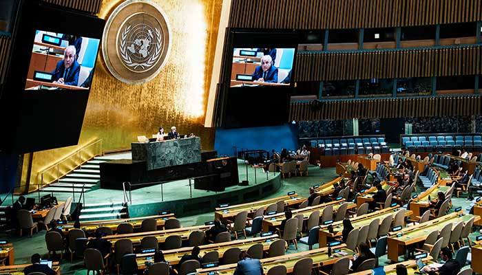 Palestinian Permanent Observer to the UN Riyad H Mansour, on screens as he addresses delegates after the UNGA vote on the Question of Palestine and the Implementation of the Two-State Solution, at UN headquarters in New York City, US on September 12, 2025. — Reuters