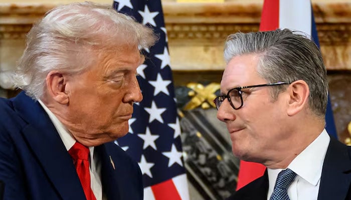US President Donald Trump and British Prime Minister Keir Starmer shake hands as they hold a press conference at Chequers at the conclusion of a state visit on September 18, 2025 in Aylesbury, Britain. — Reuters