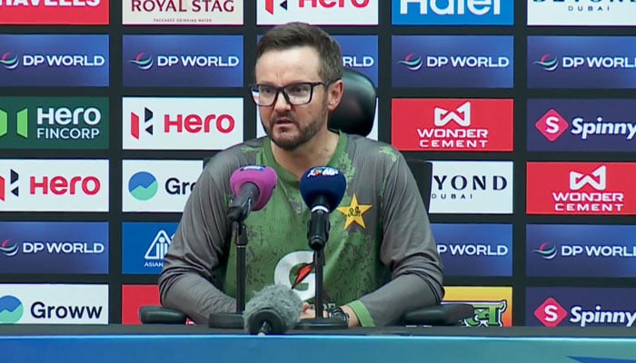 Pakistan head coach Mike Hesson addressing a press conference following the 11-run win over Bangladesh on September 25, 2025. — X@TheRealPCBMedia