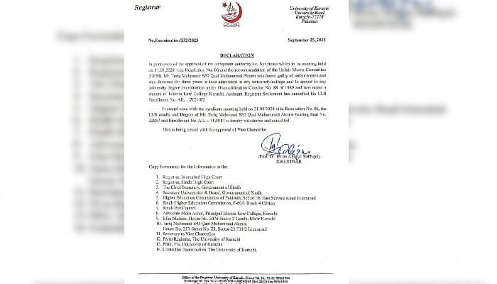 Karachi University cancels Justice Tariq Jahangiris LLB degree