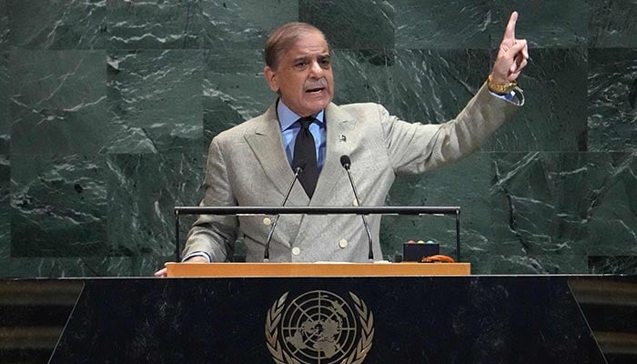 Prime Minister Shehbaz Sharif addresses the 80th United Nations General Assembly at UN headquarters in New York City, US, on September 26, 2025. — AFP