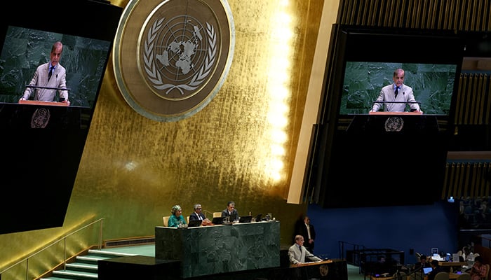 Prime Minister Shehbaz Sharif addresses the 80th United Nations General Assembly at UN headquarters in New York City, US, on September 26, 2025. — Reuters