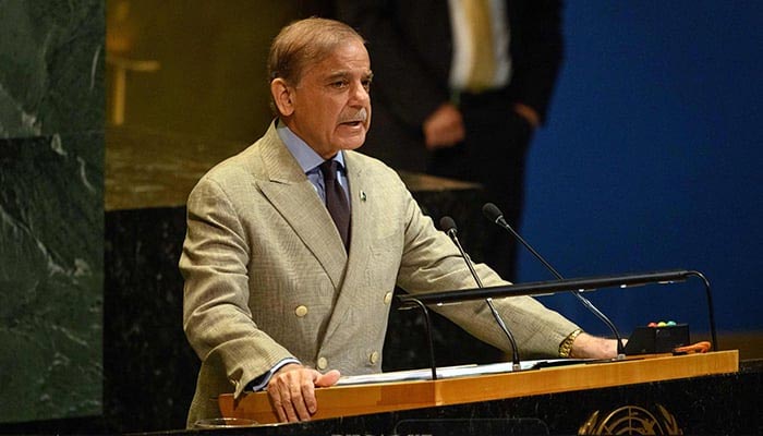 Prime Minister Shehbaz Sharif addresses the 80th United Nations General Assembly at UN headquarters in New York City, US, on September 26, 2025. — AFP