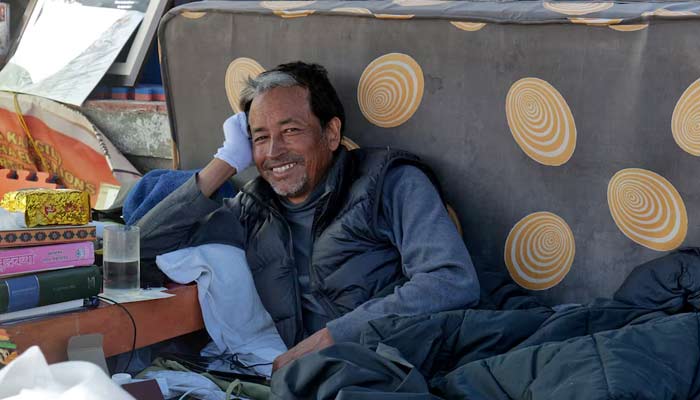 Sonam Wangchuk, 57, an Indian education reformer, looks on as he conducts a hunger strike demanding constitutional safeguards and statehood in the Himalayan region of occupied Ladakh, March 21, 2024.— Reuters