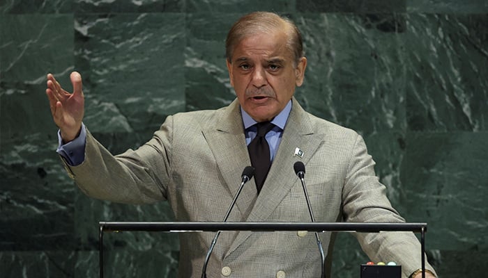 Prime Minister Shehbaz Sharif addresses the 80th United Nations General Assembly at UN headquarters in New York City, US, September 26, 2025. — Reuters