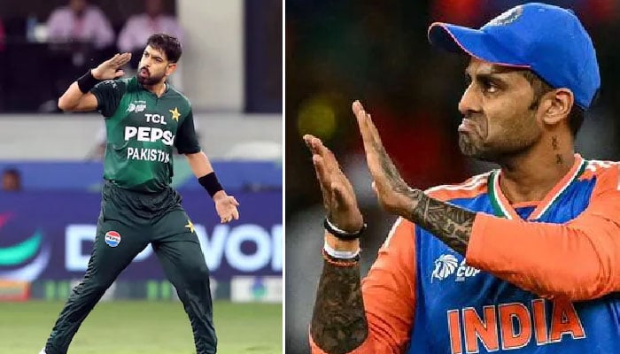 Pakistan pacer Haris Rauf (right) and India captain Suryakumar Yadav (left) celebrate wickets for their respective sides.— Reuters/AFP