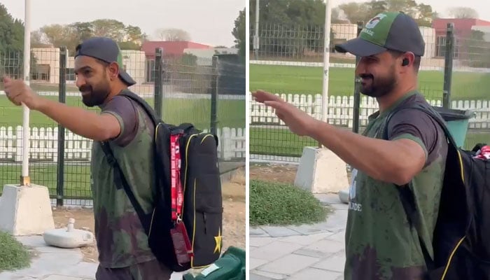 Pakistan pacer Haris Rauf (left) and opening batter Sahibzada Farhan waves at fans outside ICC Academy, Dubai, September 27, 2025. — Reporter