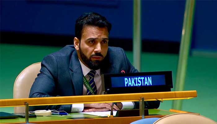 Pakistan’s Second Secretary to UN Muhammad Rashid speaks during the UNGA in response to Indian remarks, September 28, 2025. — X/@PakistanUN_NY