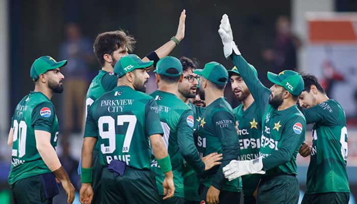 Players of Pakistan cricket team celebrate after taking a wicket against Bangladesh in Asia Cup 2025 at the Dubai International Cricket Stadium, Dubai on September 25, 2025. — ACC