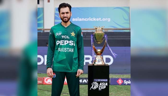 Pakistan captain Salman Ali Agha poses with Asia Cup trophy ahead of their final against India in Dubai on September 28, 2025. — PCB