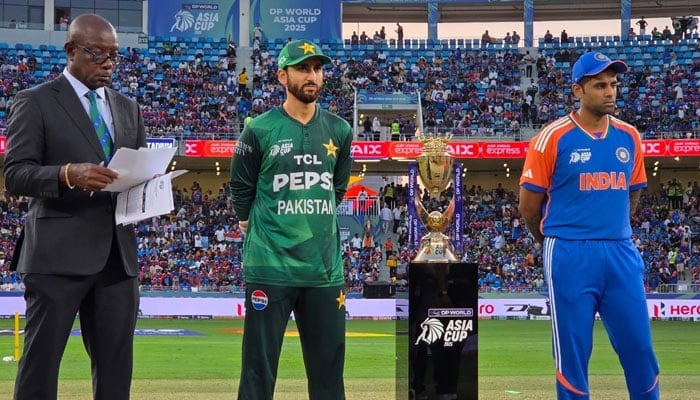 Pakistan captain Salman Ali Agha (centre) and Indias Suryakumar (right) at the toss for the ACC Mens T20 Asia Cup 2025 final at the Dubai International Cricket Stadium in Dubai on September 28, 2025. — PCB