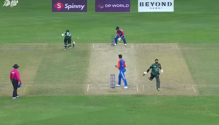 Pakistan batters Salman Ali Agha and Hussain Talat run between the tickets against India during Asia Cup 2025 final at Dubai International Cricket Stadium, September 28, 2025. — Screengrab