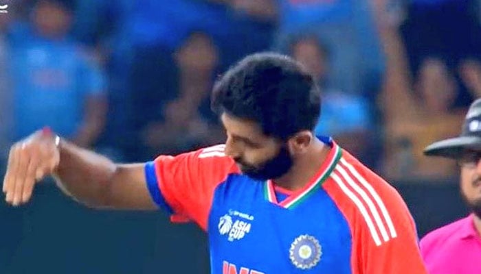 Indian pacer Jasprit Bumrah gestures against Pakistan during Asia Cup 2025 final at Dubai International Cricket Stadium, September 28, 2025. — Screengrab