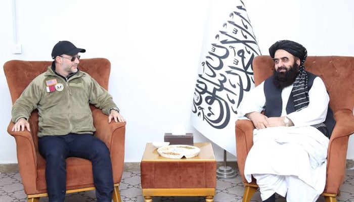 Afghan foreign minister Amir Khan Muttaqi meets US special envoy Adam Boehler. — Ariana News