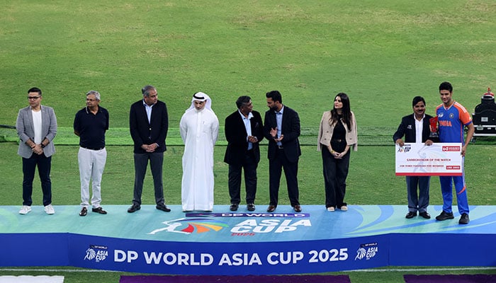General view as Asian Cricket Council and Pakistan Cricket Board chairman Mohsin Naqvi stands on the podium with Emirates Cricket Board Vice Chairman Khalid Al Zarooni before the trophy presentations. — Reuters