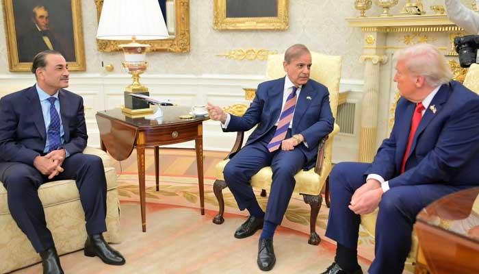 (From left to right) COAS Field Marshal Asim Munir, PM Shehbaz Sharif and US President Donald Trump in White House, Washington, US on September 26, 2025. — X@PakPMO