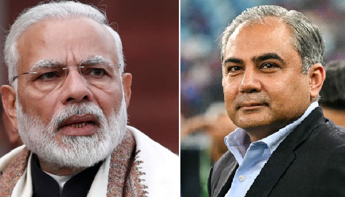 This collage shows ACC Chief Mohsin Naqvi (right) and Indian Prime Minister Narendra Modi. — AFP/Reuters