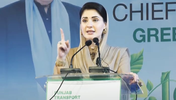 Punjab Chief Minister Maryam Nawaz addressing a ceremony in Faisalabad, on September 28, 2025. — Screengrab via Geo News