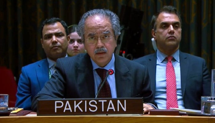 Ambassador Asim Iftikhar Ahmad, Permanent Representative of Pakistan to the United Nations, speaks during a session of the United Nations Security Council. —X/@PakistanUN_NY