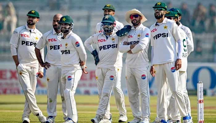 Pakistan players wait for DRS decision during the second day of their second Test against West Indies at the Multan Cricket Stadium in Multan on January 26, 2025. — AFP
