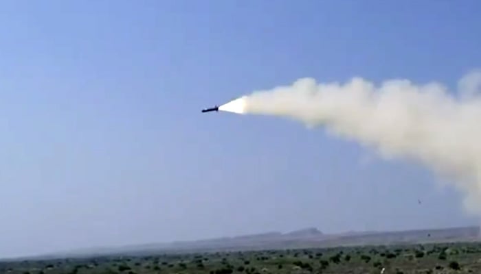 Pakistan Army conducts training launch of newly inducted indigenously developed Fatah-4 cruise missile. —Screengrab via Geo News