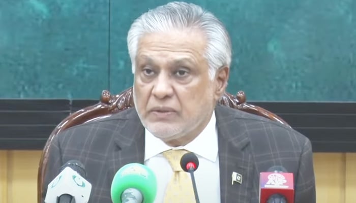 Deputy Prime Minister and Foreign Minister Ishaq Dar addressing a press conference in Islamabad, on September 30, 2025. — Geo News